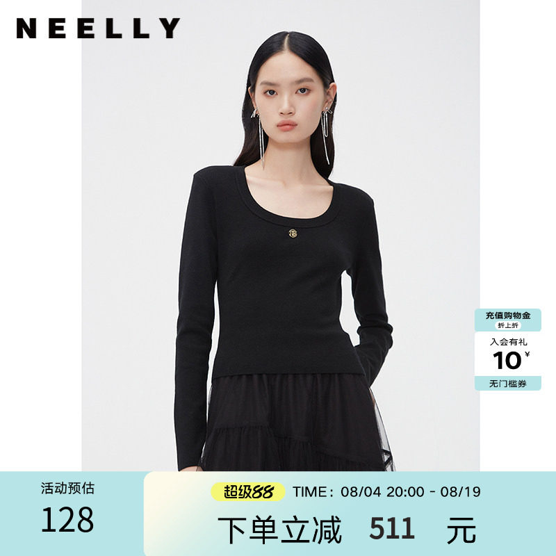 NEELLY纳俪商场同款春秋新款圆领修身纯色打底针织衫女显瘦羊毛衫