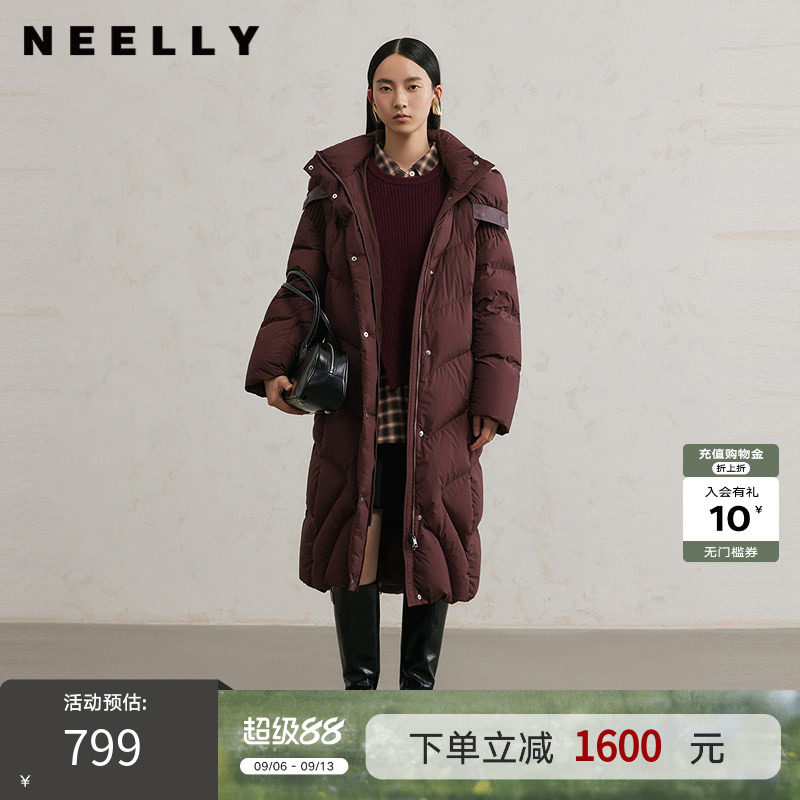 NEELLY纳俪商场同款冬季新款翻领直筒连帽羽绒服女简约通勤外套