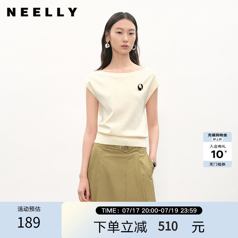 NEELLY纳俪商场同款夏新款设计感一字领针织衫女斜肩两穿显瘦上衣