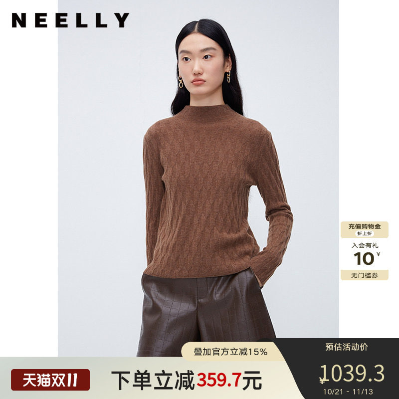 NEELLY纳俪商场同款冬新款复古半高领羊绒衫女美拉德100%山羊绒