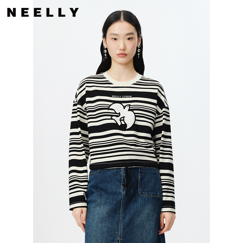 NEELLY纳俪商场同款春季新款黑白条纹撞色卫衣女时尚短款套头上衣