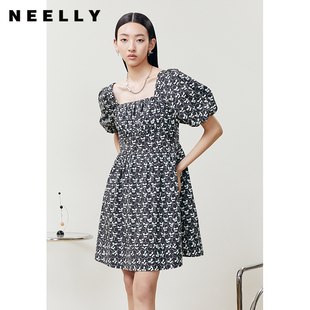 收腰娃娃裙减龄 NEELLY纳俪雅致印花方领连衣裙女泡泡袖