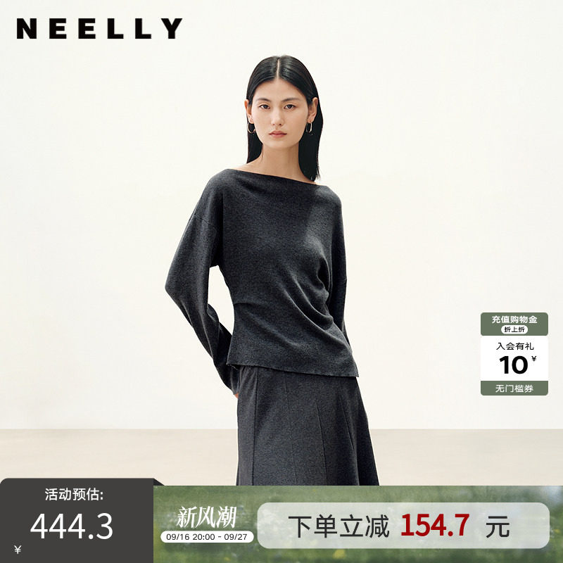 NEELLY纳俪商场同款秋季新款一字肩蝙蝠袖上衣女显瘦软糯针织衫