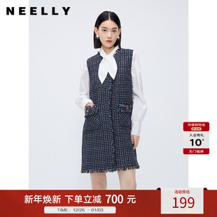 NEELLY纳俪商场同款小香风无袖连衣裙秋冬千鸟格马甲裙显瘦A字裙