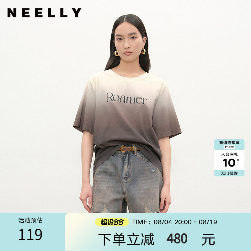 NEELLY纳俪商场同款夏季新款时尚渐变短袖字母T恤女圆领个性上衣
