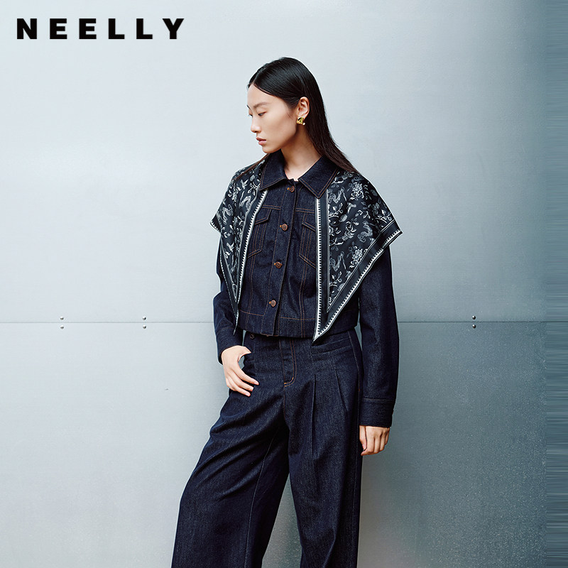 NEELLY纳俪商场同款春秋新款经典翻领百搭牛仔外套女休闲个性上衣