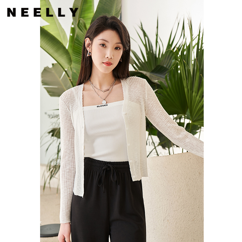 NEELLY纳俪商场同款夏季新款冰丝微透针织衫女气质修身显瘦上衣