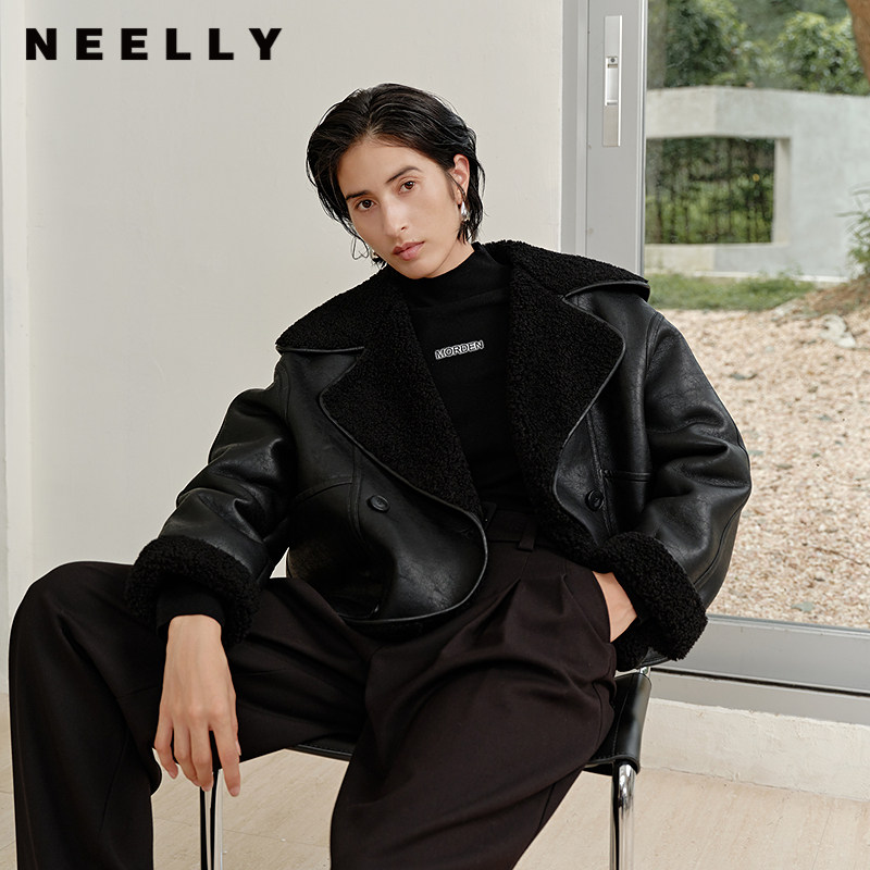 NEELLY纳俪商场同款冬季新款复古风机车服翻领外套女美式酷飒上衣