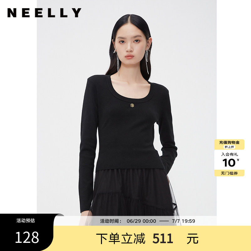 NEELLY纳俪商场同款春秋新款圆领修身纯色打底针织衫女显瘦羊毛衫