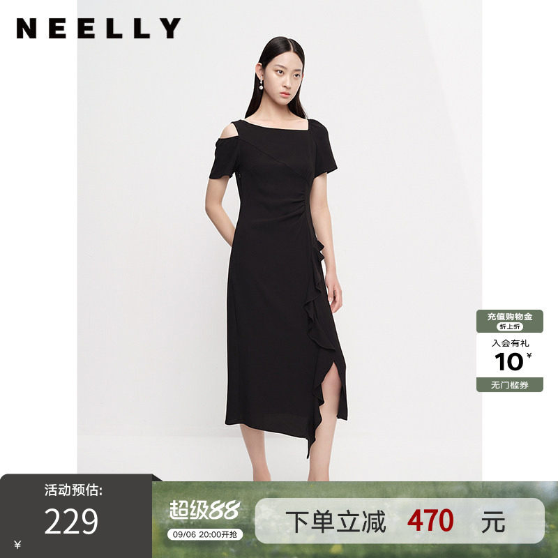 NEELLY纳俪商场同款夏季新款时尚修身连衣裙女百搭收腰开衩长裙