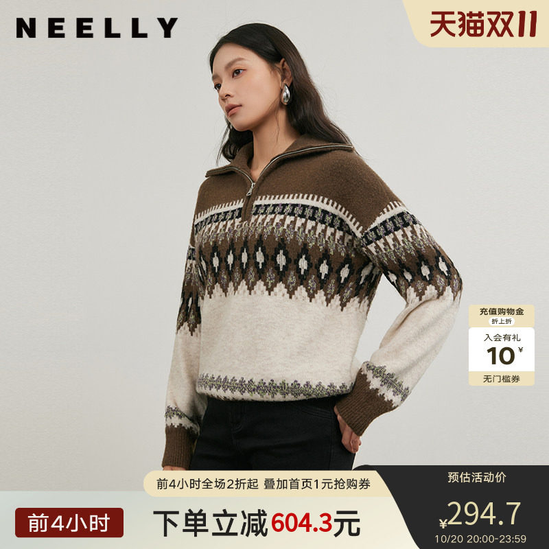 NEELLY纳俪商场同款冬新款polo领条纹针织衫女软糯百搭费尔岛毛衣