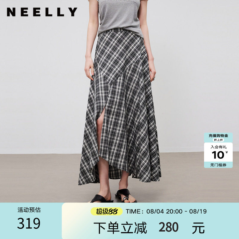 NEELLY纳俪商场同款夏新款不规则格纹开衩半裙女复古感大摆中长裙