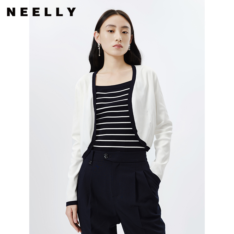 NEELLY纳俪商场同款秋冬新款条纹针织衫女两件套开衫上衣外套时尚