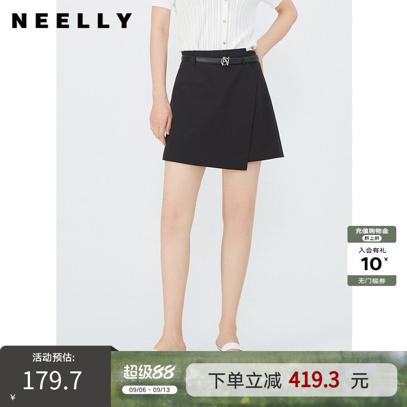 NEELLY纳俪商场同款夏新款黑色高腰不规则A字裙裤女简约百搭短裤
