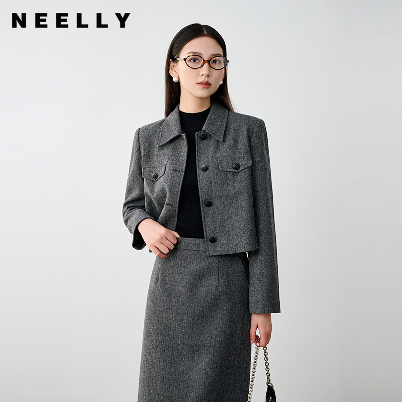 NEELLY纳俪商场同款冬新款小香风正肩显瘦短外套女绵羊毛保暖上衣