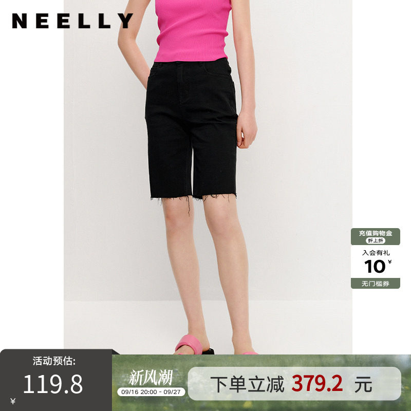NEELLY纳俪商场同款黑色五分牛仔中裤女夏季薄款显瘦毛边骑行裤图片
