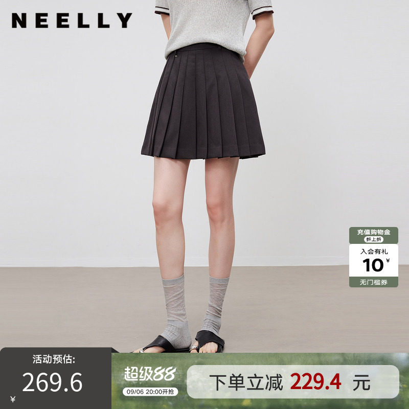 NEELLY纳俪商场同款夏季新款时尚高腰百褶裙女百搭显瘦A字短裙