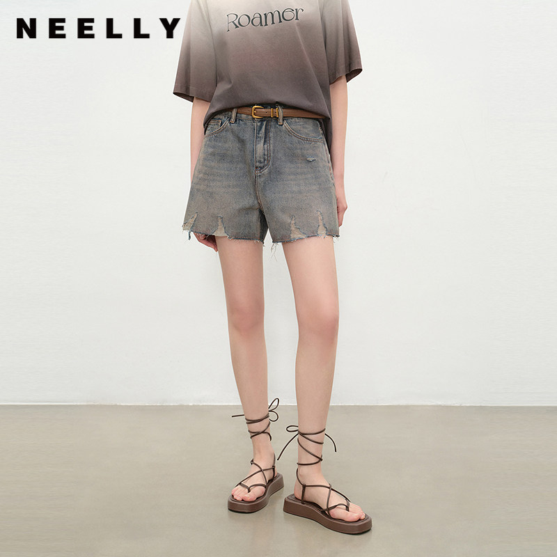 NEELLY纳俪商场同款夏季时尚水洗毛边牛仔短裤女百搭个性直筒裤