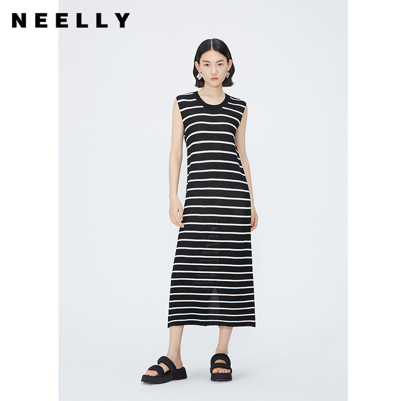NEELLY纳俪商场同款夏新款无袖针织连衣裙女黑白休闲条纹显瘦长裙