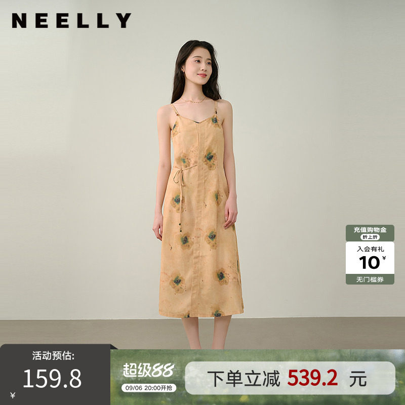 NEELLY纳俪商场同款夏新款法式文艺吊带长裙女气质慵懒收腰连衣裙