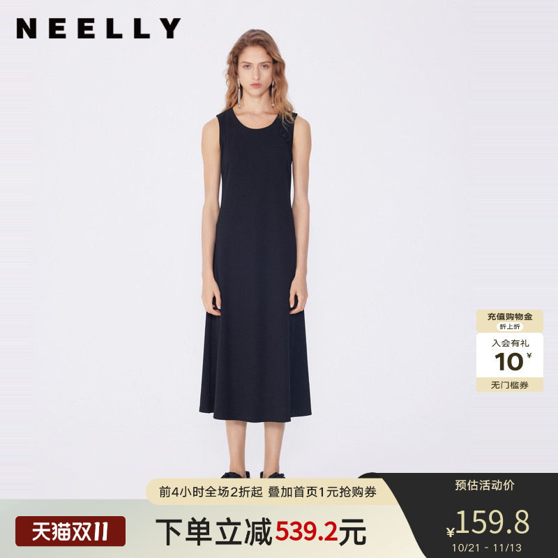 NEELLY纳俪商场同款春秋新款高级简约设计感连衣裙女显瘦个性长裙