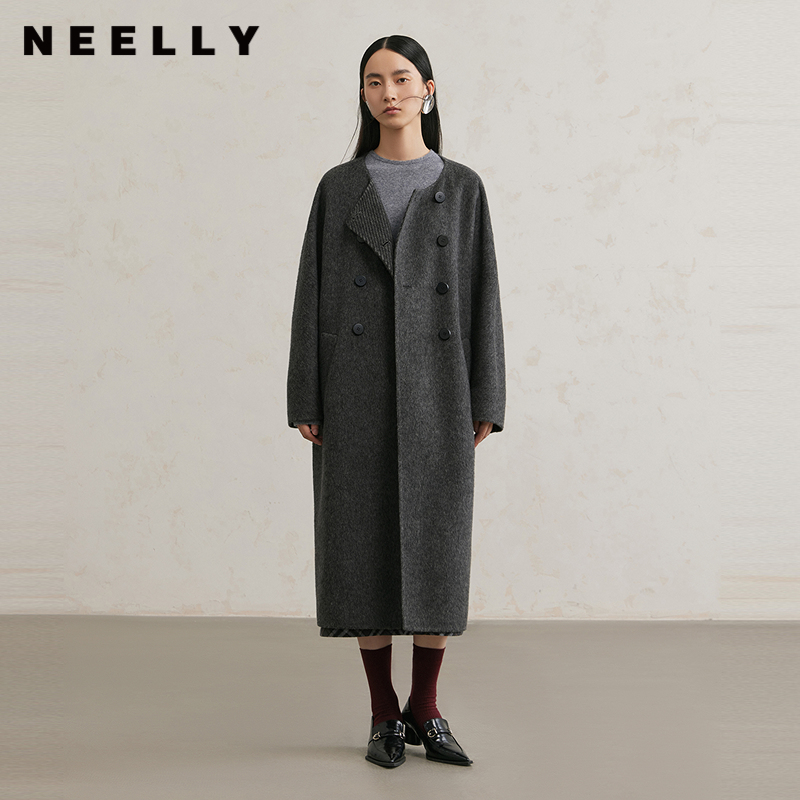 NEELLY纳俪商场同款冬季新款绵羊毛质感大衣女直筒宽松大衣外套