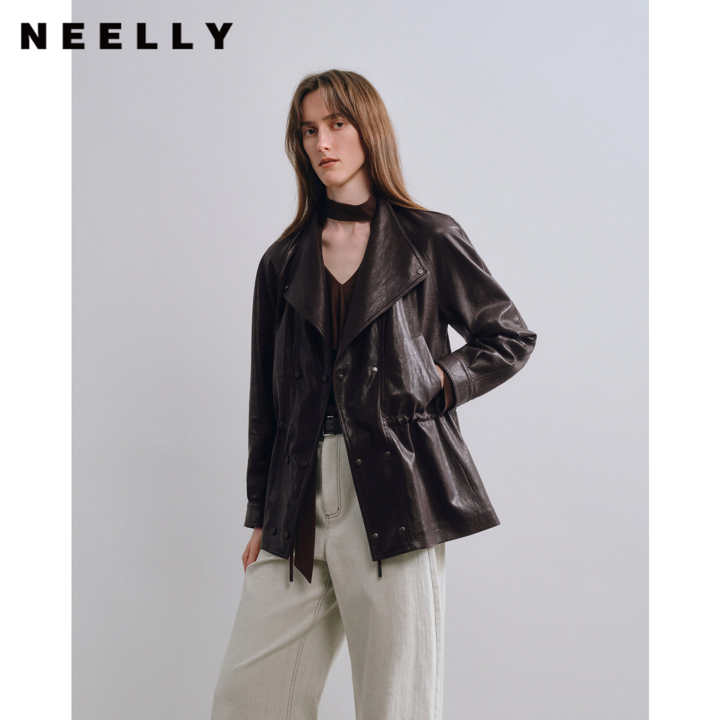 NEELLY纳俪商场同款秋季新款韩系气质收腰皮衣女高级感廓形外套