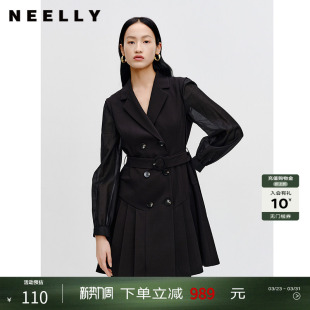 v领显瘦西装 NEELLY纳俪商场同款 长袖 连衣裙早春新款 裙女 收腰西装