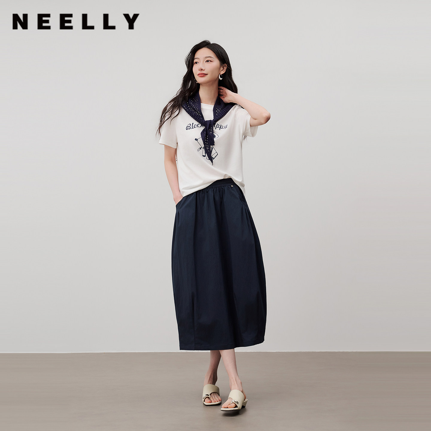 NEELLY纳俪商场同款夏新款休闲披肩T恤套装女百搭短袖半裙两件套