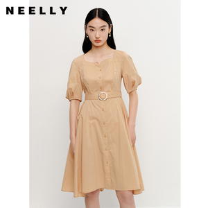 NEELLY纳俪商场同款法式连衣裙女夏季牛角袖收腰显瘦中长款A字裙