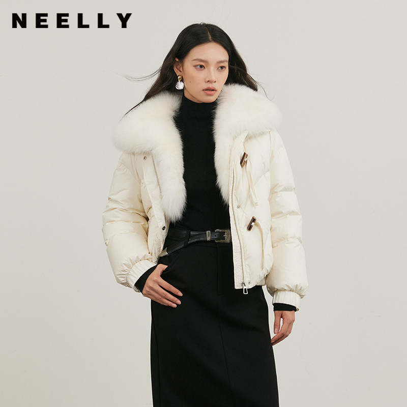 NEELLY纳俪商场同款冬新款狐狸毛领宽松羽绒服女90白鸭绒短款外套