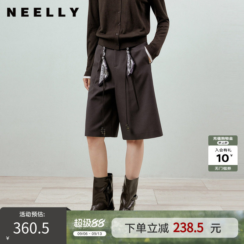 NEELLY纳俪商场同款秋季新款时髦休闲七分裤女个性复古丝巾阔腿裤
