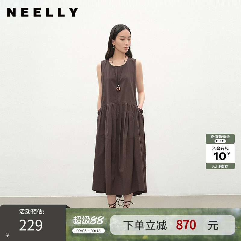 NEELLY纳俪商场同款夏季新款复古圆领背心连衣裙女宽松休闲长裙