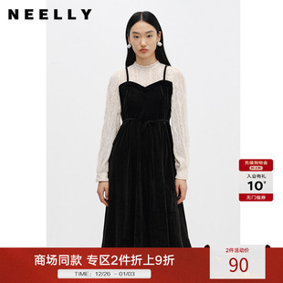 蕾丝拼接丝绒连衣裙女收腰A字裙百搭 新款 NEELLY纳俪商场同款 冬季