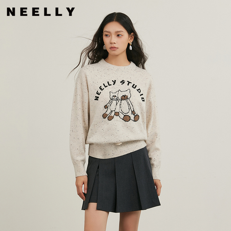 NEELLY纳俪商场同款冬季新款羊毛圆领套头针织衫女简约慵懒毛衣