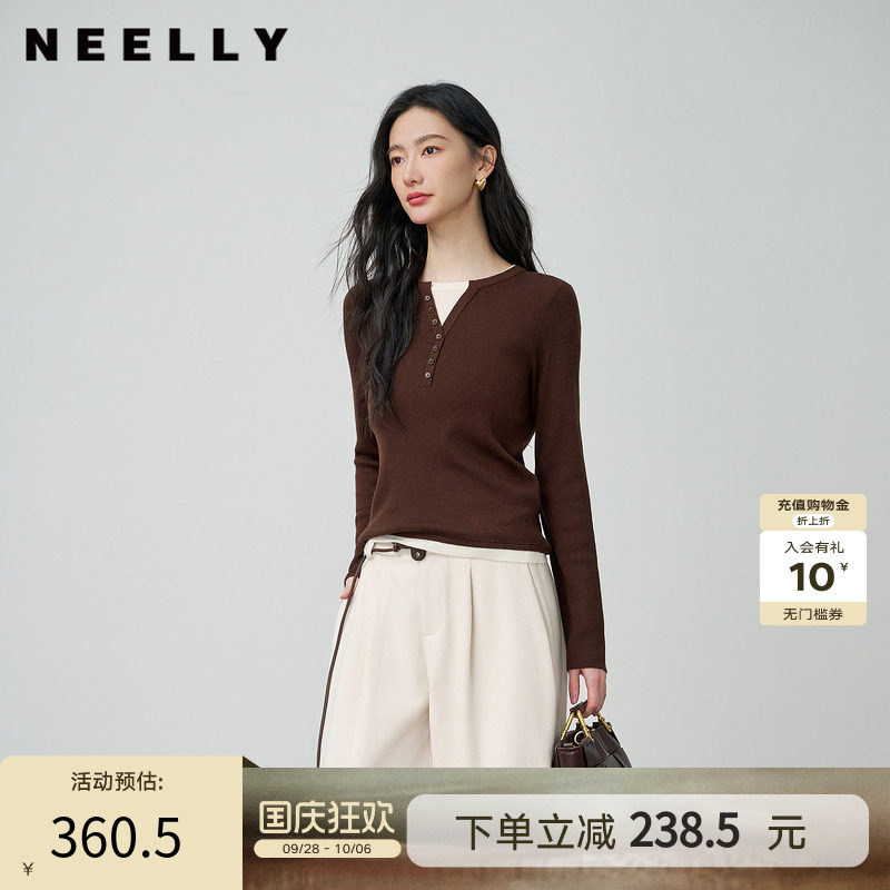 NEELLY纳俪商场同款秋季新款时尚修身假两件针织衫女显瘦休闲上衣
