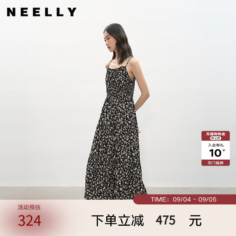 NEELLY纳俪商场同款夏季新款减龄俏皮碎花吊带连衣裙女收腰中长裙