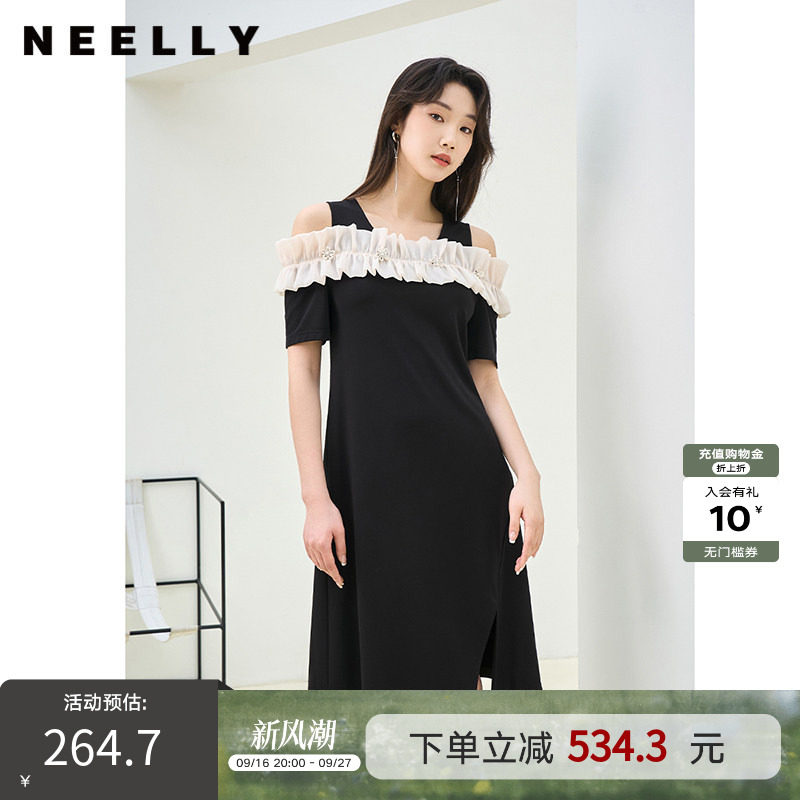 NEELLY纳俪商场同款夏季新款黑色法式露肩设计感连衣裙女显瘦长裙