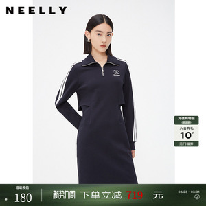 NEELLY纳俪商场同款卫衣连衣裙女春秋polo领休闲收腰镂空中长裙