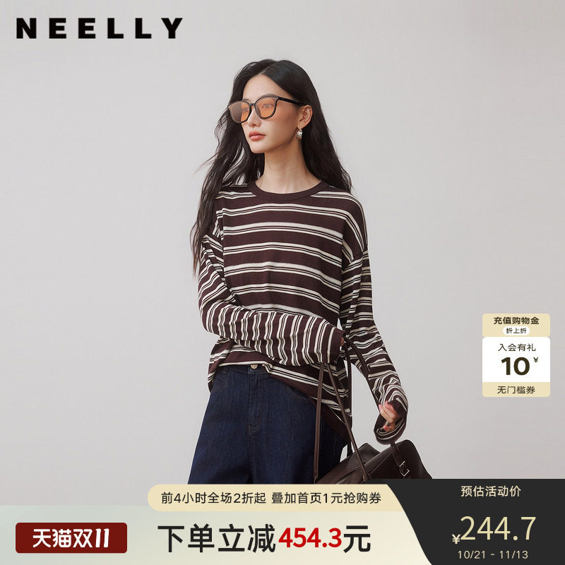 NEELLY纳俪商场同款秋季新款复古条纹长袖圆领T恤女撞色休闲上衣