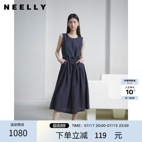 NEELLY纳俪商场同款夏季新款藏青格纹无袖连衣裙女复古文艺生长裙