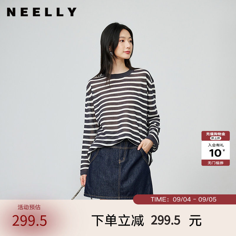 NEELLY纳俪商场同款秋季新款时尚圆领条纹T恤女宽松舒适针织衫