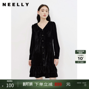 新款 A字裙夏季 黑色连衣裙女气质v领中长款 NEELLY纳俪商场同款