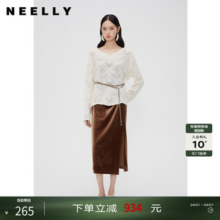NEELLY纳俪商场同款 两件套裙装 气质镂空针织套装 垂感连衣裙春秋款