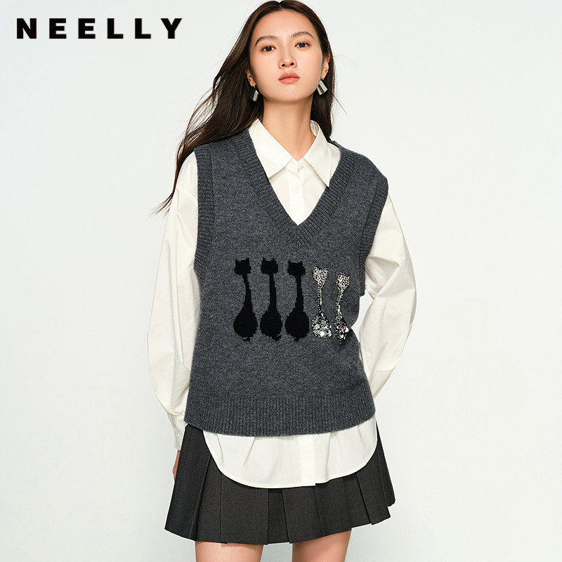 NEELLY纳俪商场同款春秋新款V领显瘦针织马甲背心女复古百搭毛衣