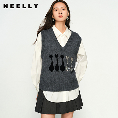 NEELLY纳俪商场同款秋冬新款V领显瘦针织马甲背心女复古百搭毛衣