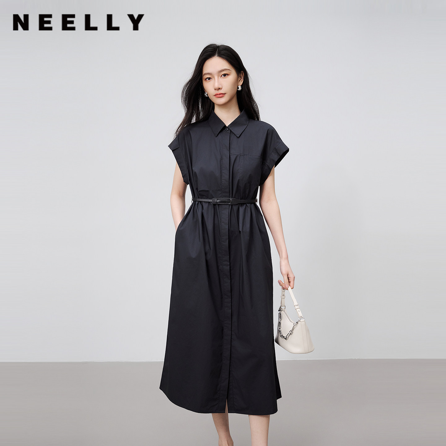 NEELLY纳俪商场同款夏季新款复古秩序感衬衫连衣裙女可露丽风长裙