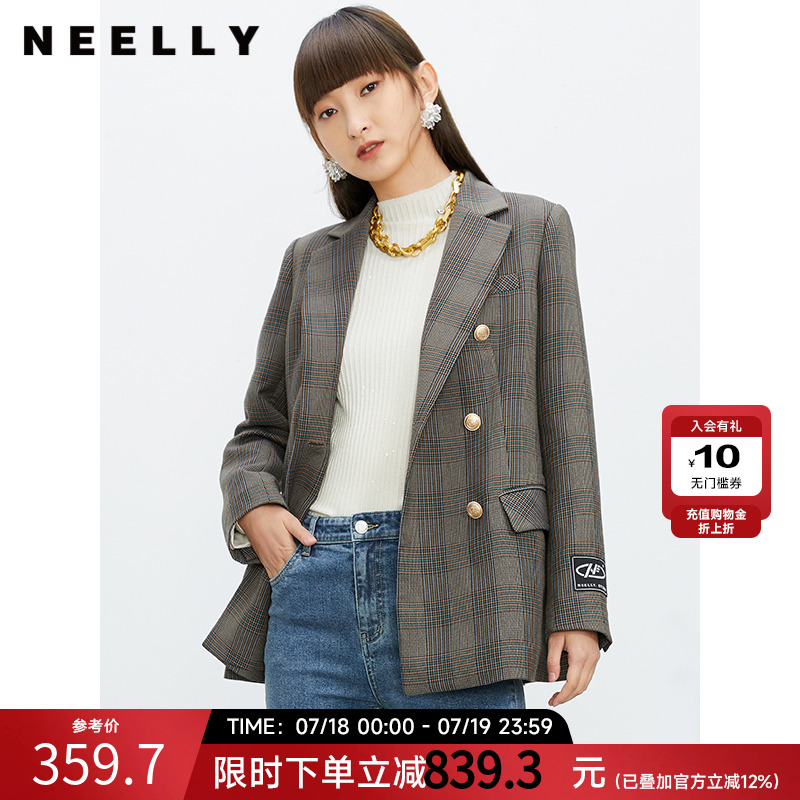 NEELLY纳俪商场同款休闲西装外套女双排扣格纹西服简约通勤外套春