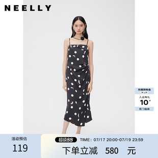 NEELLY纳俪商场同款春秋波点捏褶吊带连衣裙女设计感开叉中长裙