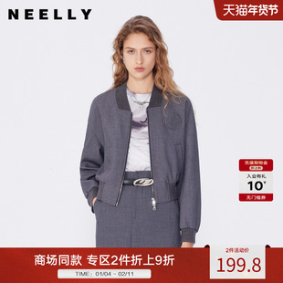 NEELLY纳俪春秋新款商场同款百搭飞行员夹克女通勤风落肩短外套